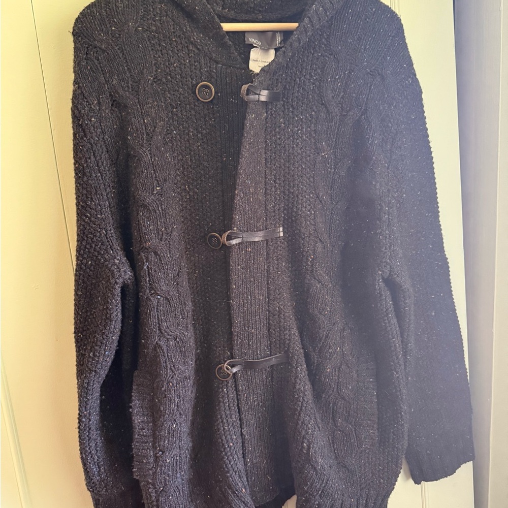 Vince Charcoal Knit Cardigan hoodie with Leather Accents